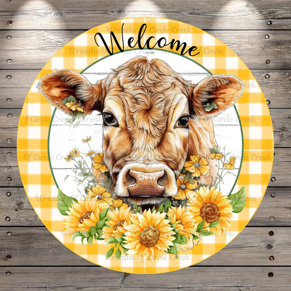 Cow With Sunflowers, Welcome, Farmhouse, Plaid, Light Weight, Metal Wreath Sign,  Round UV Coated,  No Holes