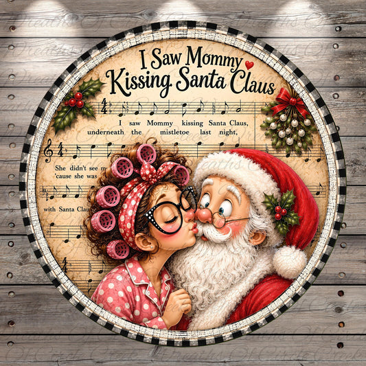 a woman with curly hair and glasses kissing Santa Claus, who is wearing a red hat and beard. The background features a musical score and holiday decorations, creating a festive atmosphere.