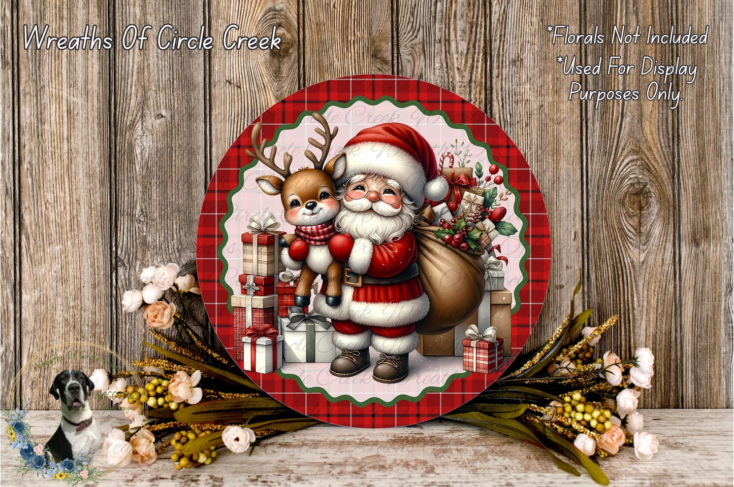 A festive Christmas scene featuring Santa Claus holding a reindeer and a sack of presents, surrounded by a wreath of flowers and a wooden background.