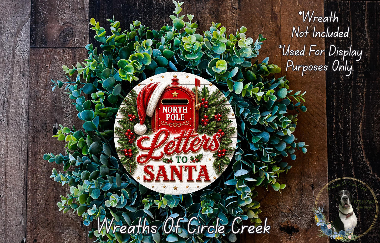 A wreath made of green leaves and a Santa hat, with the text "North Pole Letters to Santa" displayed on it.