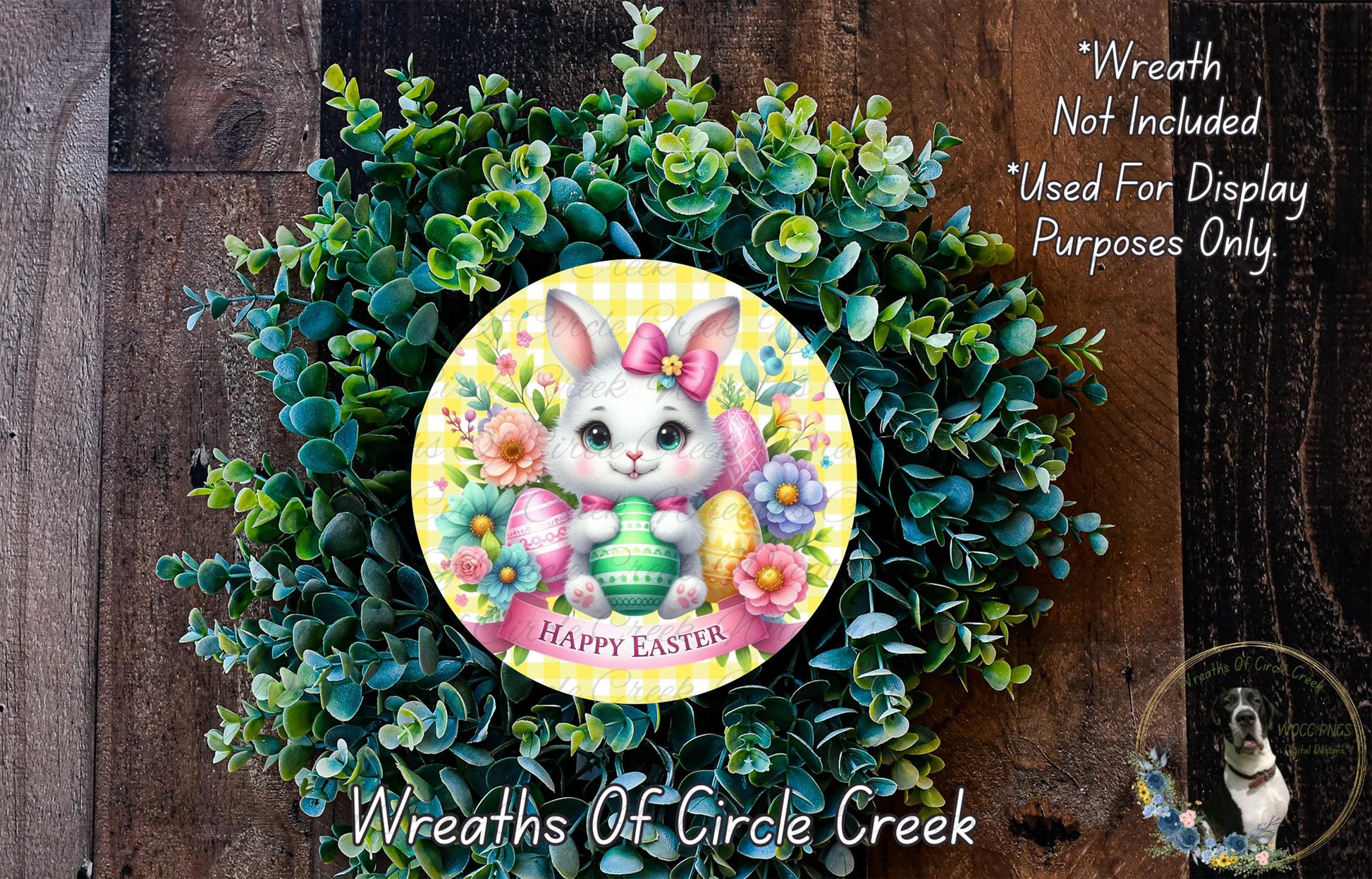 a wreath with a bunny and flowers, surrounded by greenery, and a sign that reads "Happy Easter".