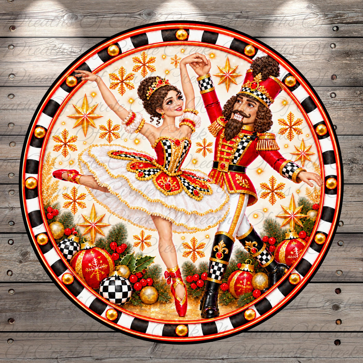 A decorative plate featuring a dancing nutcracker and a ballerina, surrounded by festive ornaments and a snowy background.