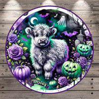 A spooky illustration featuring a large, furry animal surrounded by Halloween-themed elements such as bats, pumpkins, and roses.