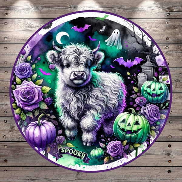 A spooky illustration featuring a large, furry animal surrounded by Halloween-themed elements such as bats, pumpkins, and roses.
