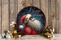 A decorative plate featuring a Santa Claus figure surrounded by a floral arrangement and snowflakes, with the text "Believe in the magic" written on it.