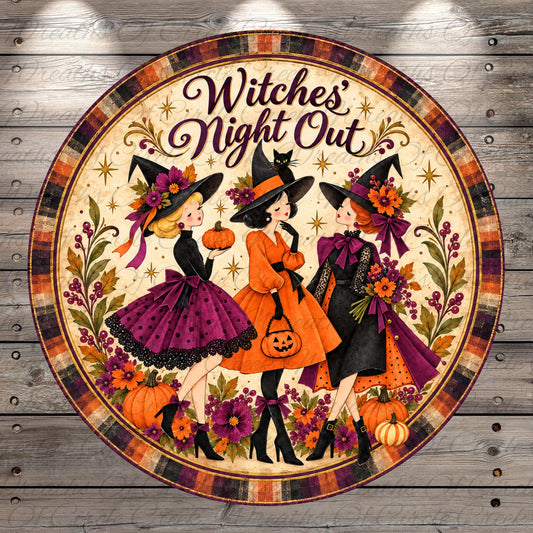 A circular illustration featuring three women dressed in Halloween costumes, with the text "Witches' Night Out" written above them.