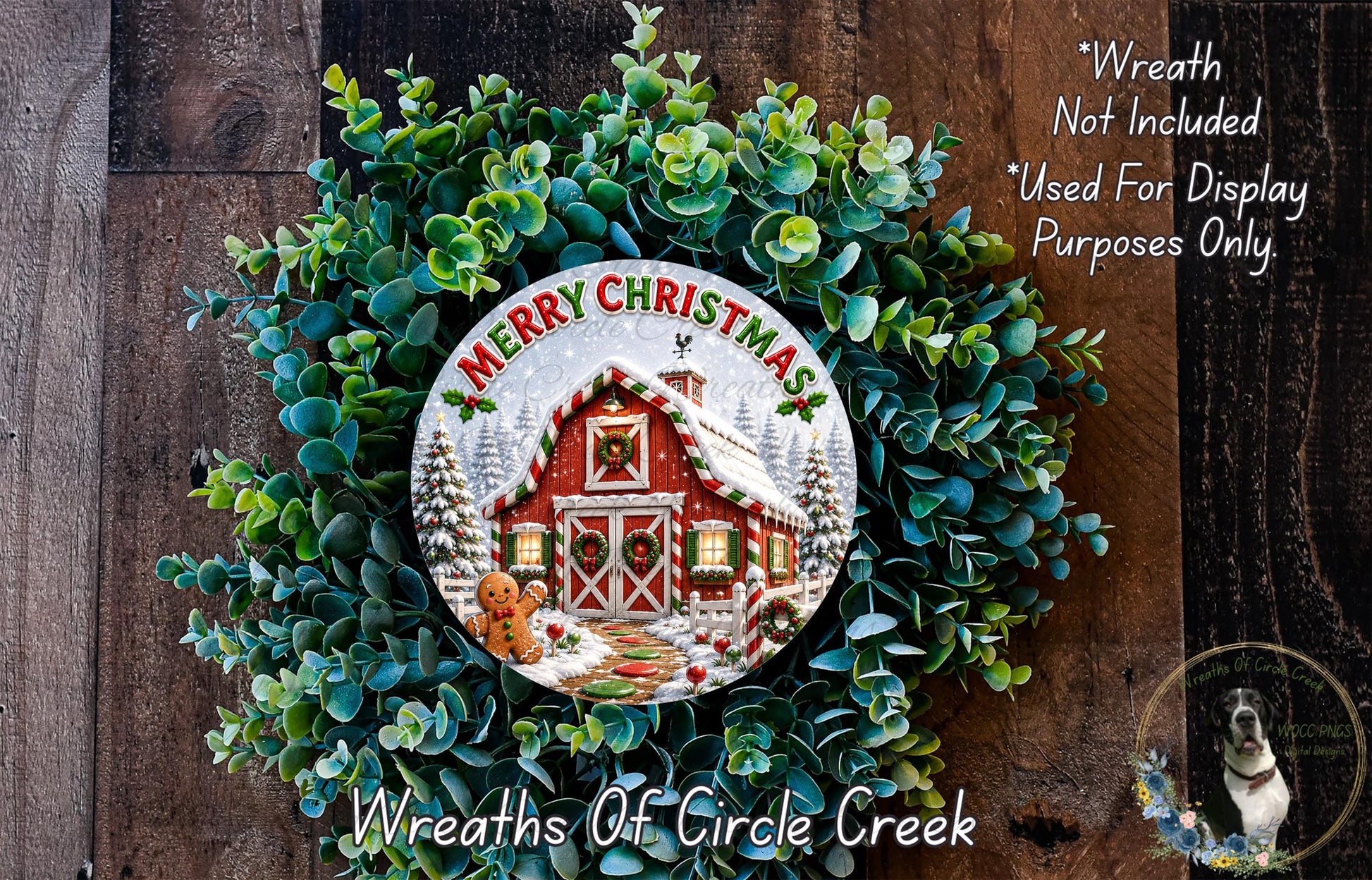 A wreath made of green leaves and a red and white house with a Santa Claus figure, surrounded by the text "Merry Christmas" and "Wreaths of Circle Creek".