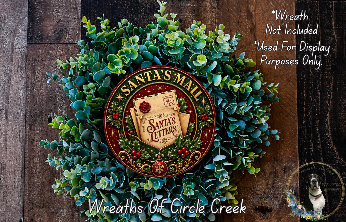 A wreath made of green leaves and a red and gold Santa's mailbox, with the text "Santa's Mail" and "Wreaths of Circle Creek" displayed.
