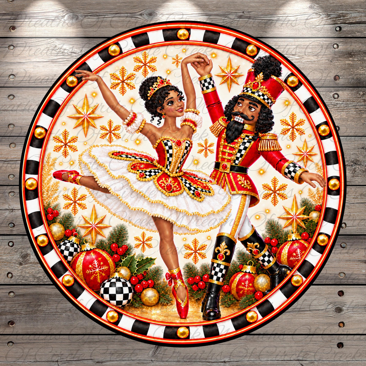 A decorative circular frame with a dancing nutcracker and a ballerina, surrounded by festive ornaments and a snowy background.