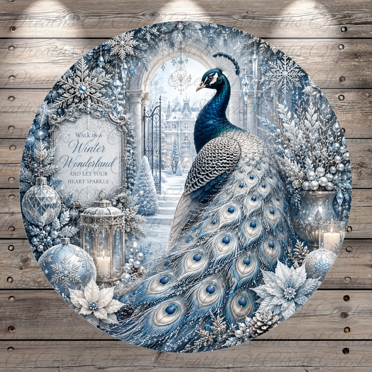 A decorative wreath featuring a peacock surrounded by snow, flowers, and candles, with a sign that reads "Walk in a Winter Wonderland and let your heart sparkle".