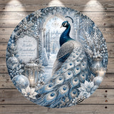 A decorative wreath featuring a peacock surrounded by snow, flowers, and candles, with a sign that reads "Walk in a Winter Wonderland and let your heart sparkle".