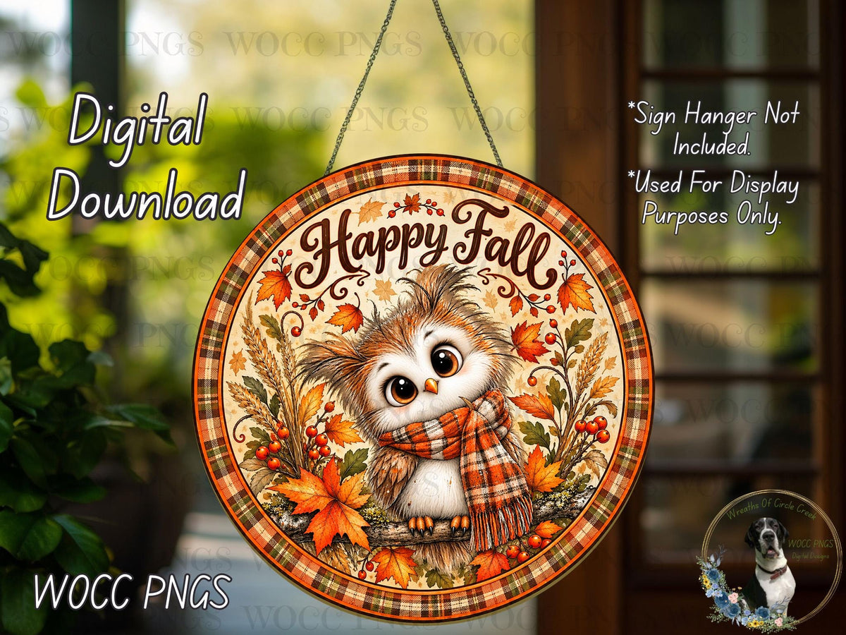 The image is a digital download of a round sign featuring an owl wearing a scarf and surrounded by autumn leaves.
