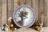 A decorative wreath featuring a deer with a holly wreath on its head, surrounded by a floral arrangement and a wooden background.