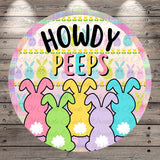 A circular design featuring a group of colorful Easter bunny characters, with the text "HOWDY PEPS" prominently displayed.