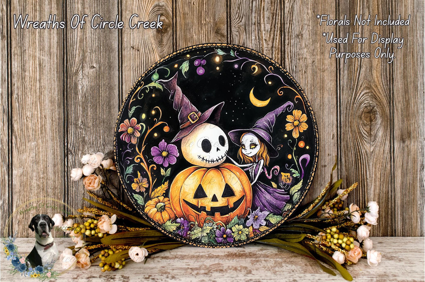 a Halloween-themed wreath with a jack-o-lantern and a skeleton, surrounded by flowers and a wooden background.
