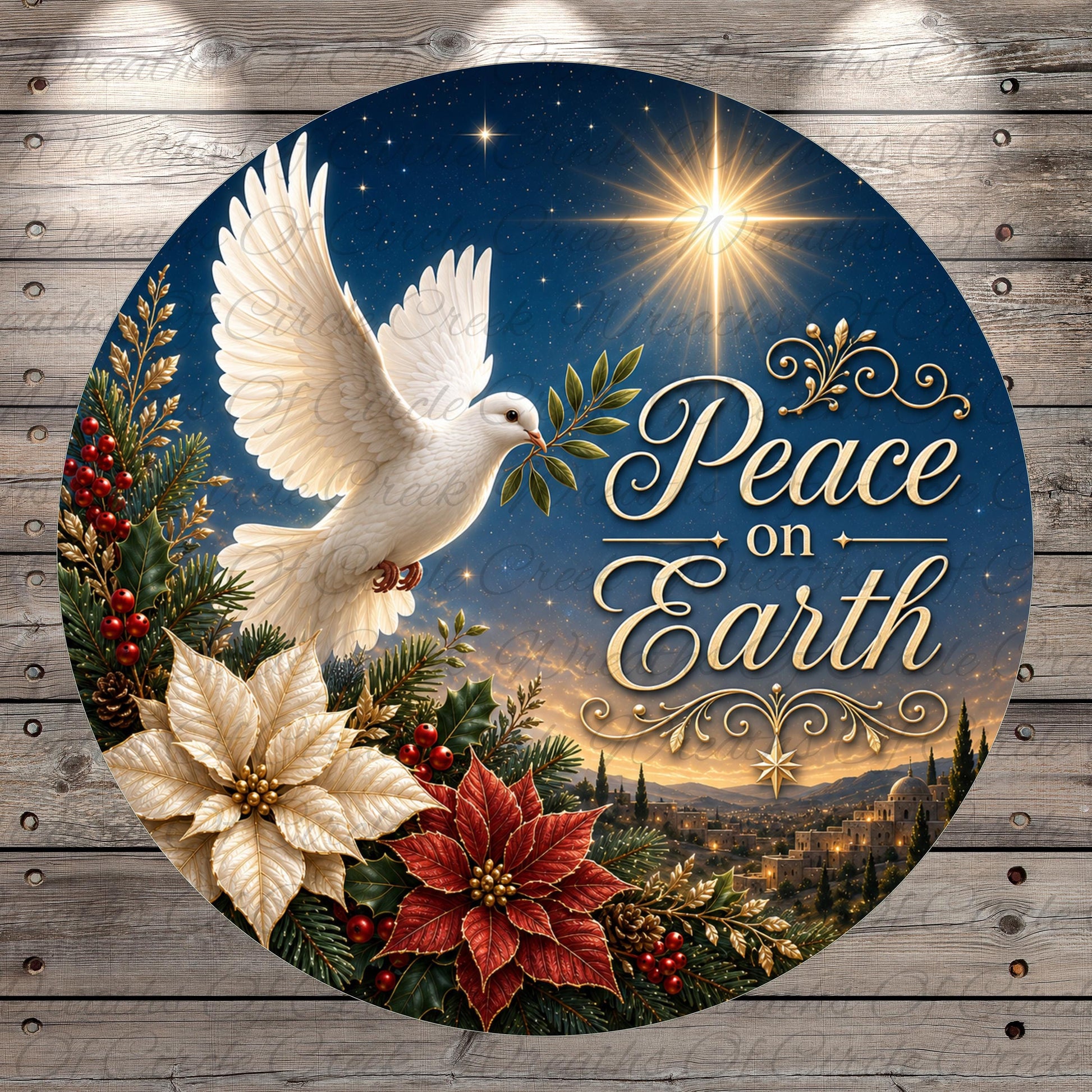 A white dove is depicted in flight, surrounded by a starry night sky, poinsettia flowers, pine cones, and a pine tree. The text "Peace on Earth" is written in a decorative font, and the background features a snowy landscape with a bright star.