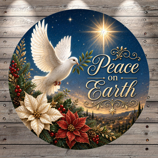 A white dove is depicted in flight, surrounded by a starry night sky, poinsettia flowers, pine cones, and a pine tree. The text "Peace on Earth" is written in a decorative font, and the background features a snowy landscape with a bright star.