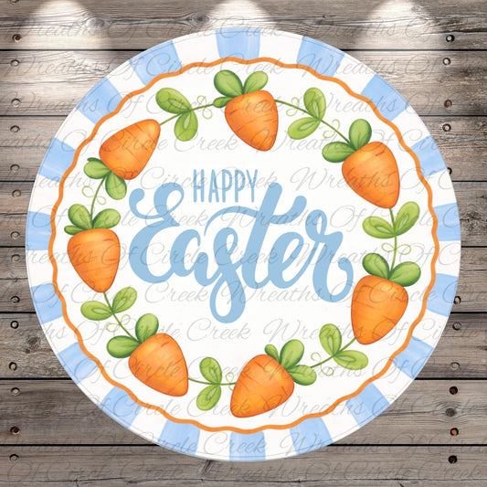 A round plate with a blue and white striped border, featuring a design of orange carrots and green leaves, along with the text "Happy Easter" written in a decorative blue cursive font.