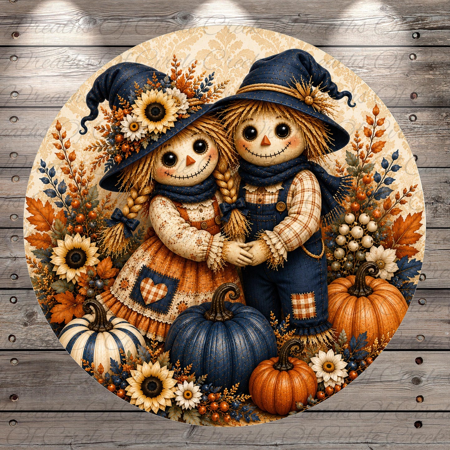 A round, decorative image featuring two scarecrow dolls, one with a blue hat and the other with a yellow hat, surrounded by autumn-themed elements such as pumpkins, flowers, and leaves.