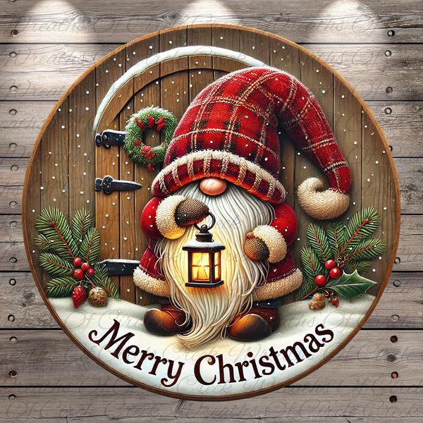 A gnome holding a lantern and surrounded by Christmas decorations, including a wreath and berries, with the text "Merry Christmas" displayed.