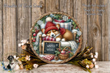 A wicker plate with a sleeping dog wearing a red hat and scarf, surrounded by a wreath of flowers and a sign that says "Winter Wishes".