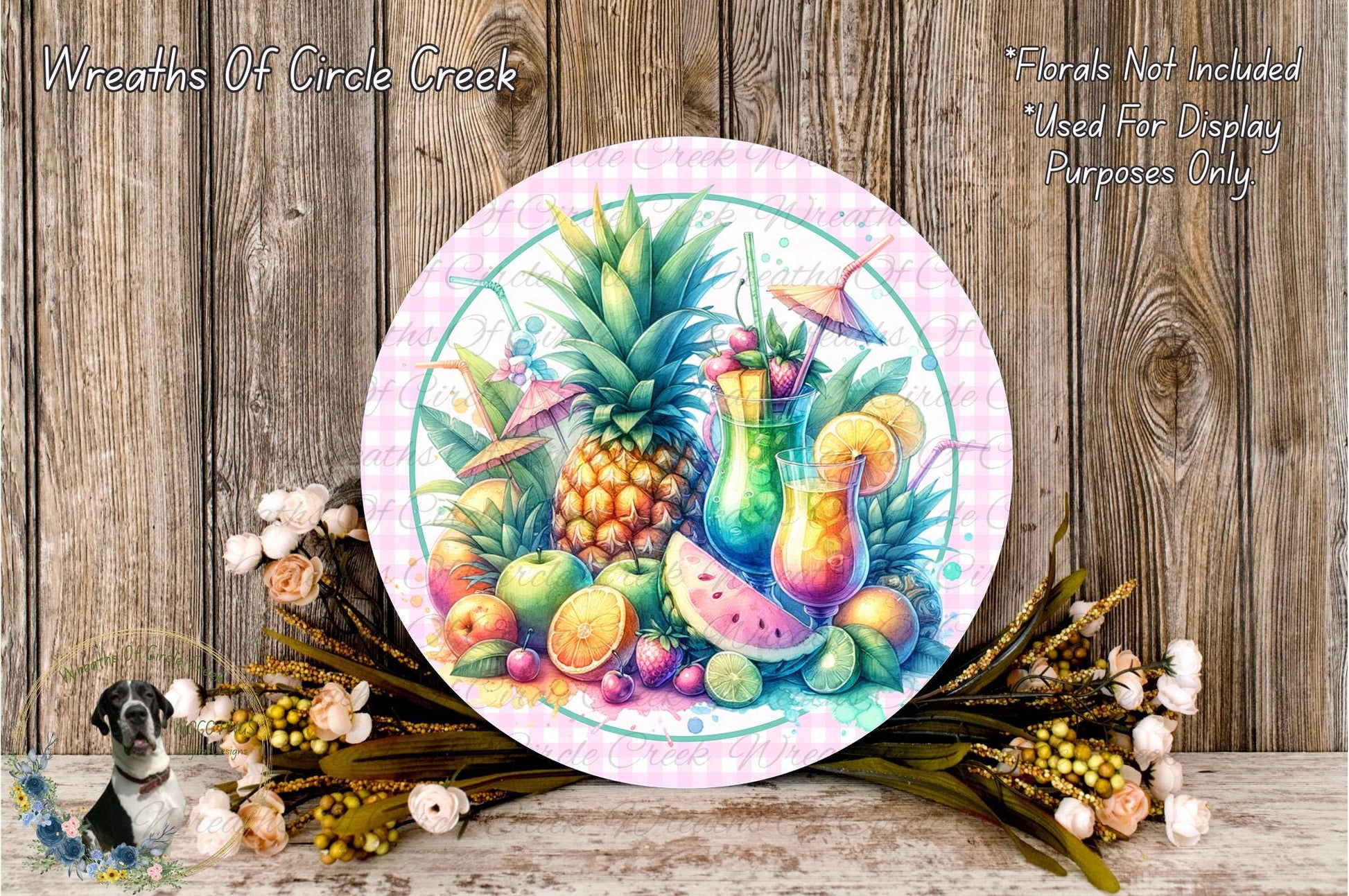 a vibrant and colorful arrangement of fruits and flowers, including a pineapple, watermelon, and other tropical fruits, set against a rustic wooden background.