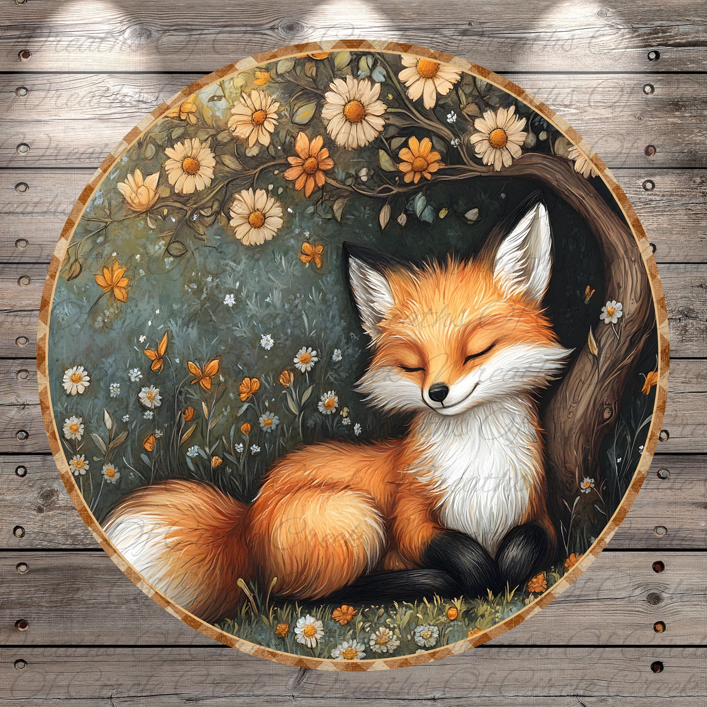 A digital illustration of a fox resting peacefully in a field of flowers, with a wooden background.
