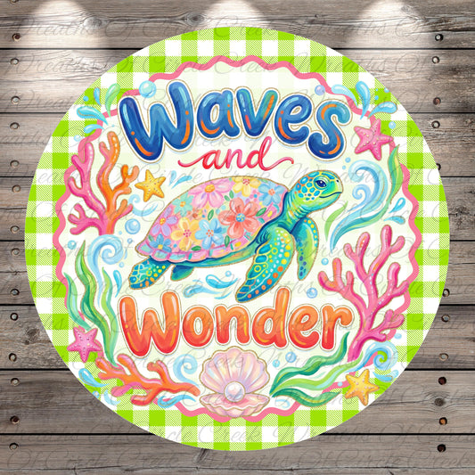 A colorful and whimsical circular design featuring a turtle surrounded by various marine elements such as flowers, seaweed, and starfish, with the text "Waves and Wonder" prominently displayed.