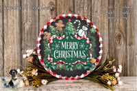 A festive Christmas wreath with the text "Merry Christmas" displayed prominently. The wreath is adorned with various holiday decorations, including gingerbread men, a snowman, and pine branches. The wreath is set against a rustic wooden background, and there are also some flowers and greenery surrounding it.