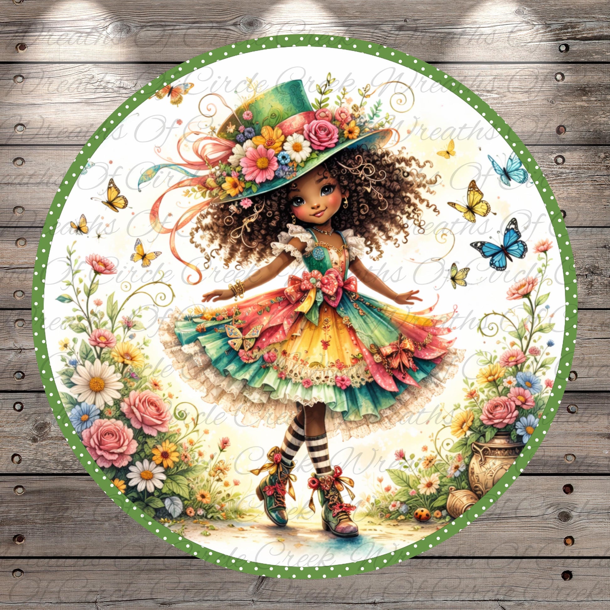 A whimsical illustration of a young girl with curly hair, wearing a colorful dress and a large hat adorned with flowers, surrounded by a lush garden filled with flowers and butterflies.