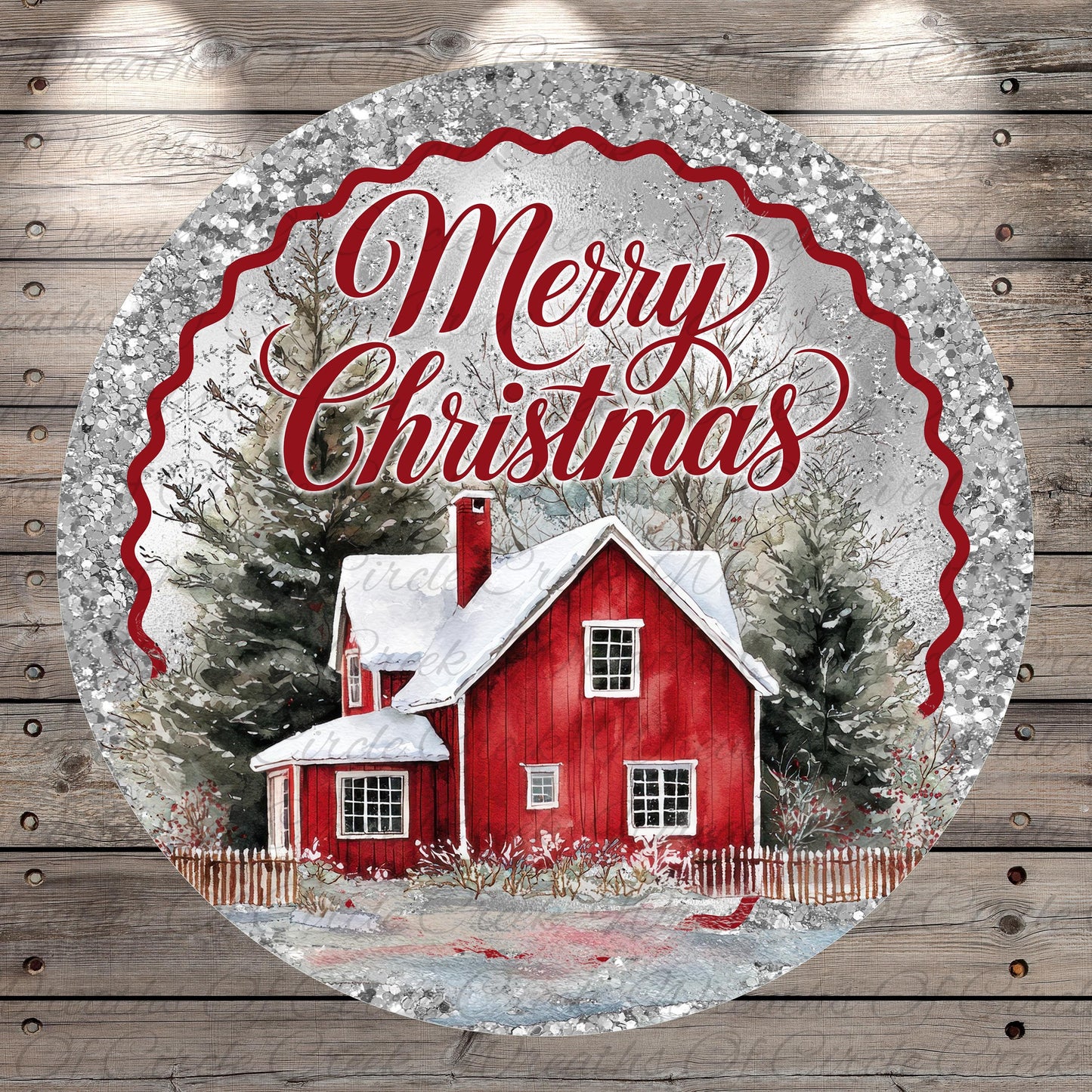 A circular Christmas-themed image featuring a red wooden house with a snow-covered roof, surrounded by trees and a wavy border.