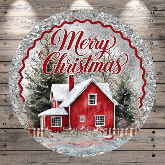 A circular Christmas-themed image featuring a red wooden house with a snow-covered roof, surrounded by trees and a wavy border.