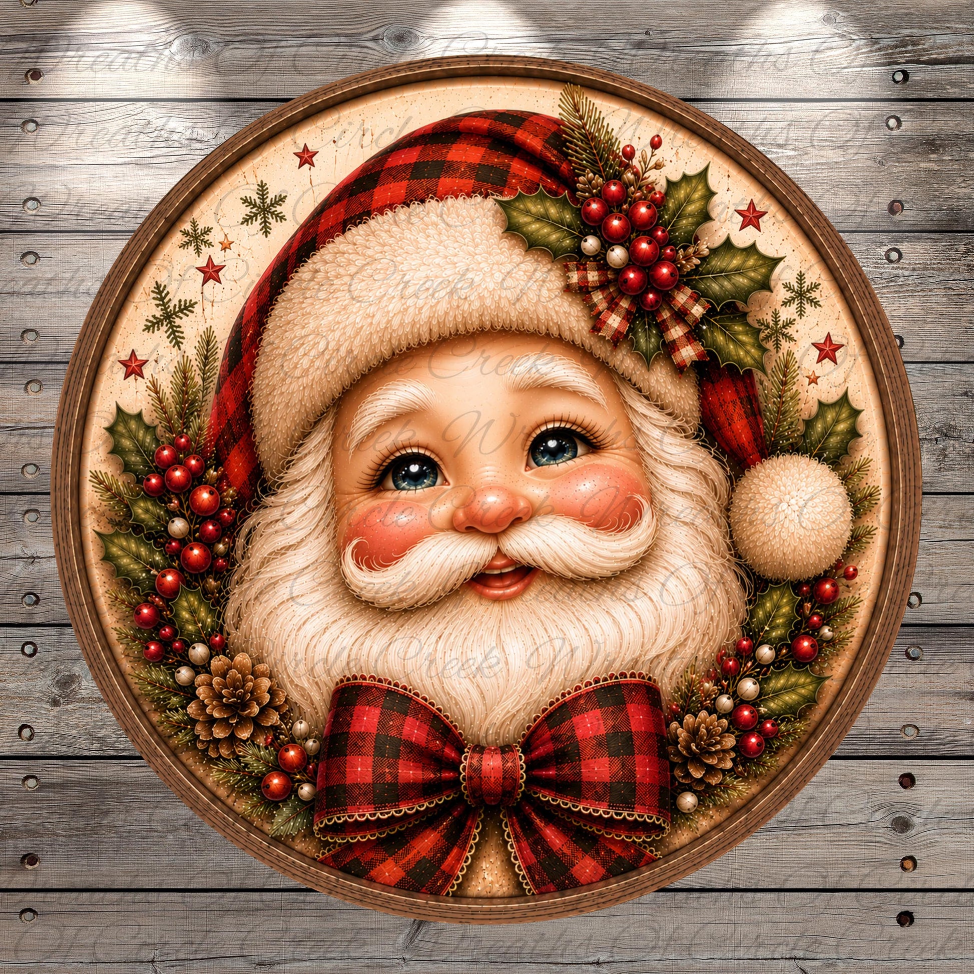 A round, wooden plaque featuring a detailed illustration of Santa Claus wearing a red and black plaid hat, surrounded by a wreath of berries, pine cones, and holly leaves.