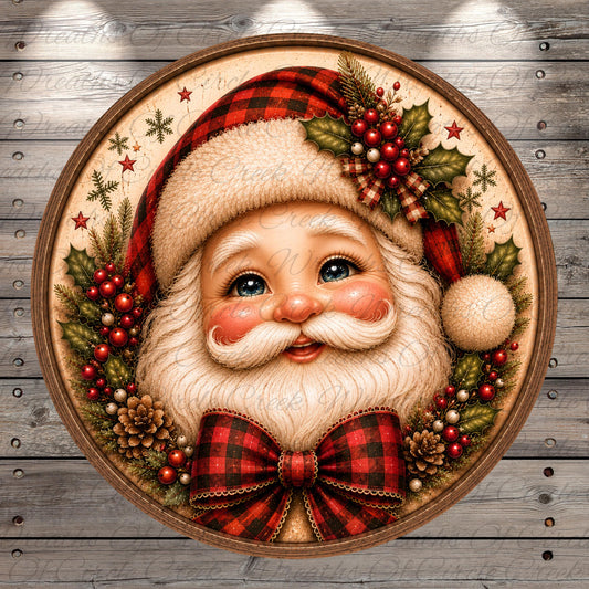 A round, wooden plaque featuring a detailed illustration of Santa Claus wearing a red and black plaid hat, surrounded by a wreath of berries, pine cones, and holly leaves.