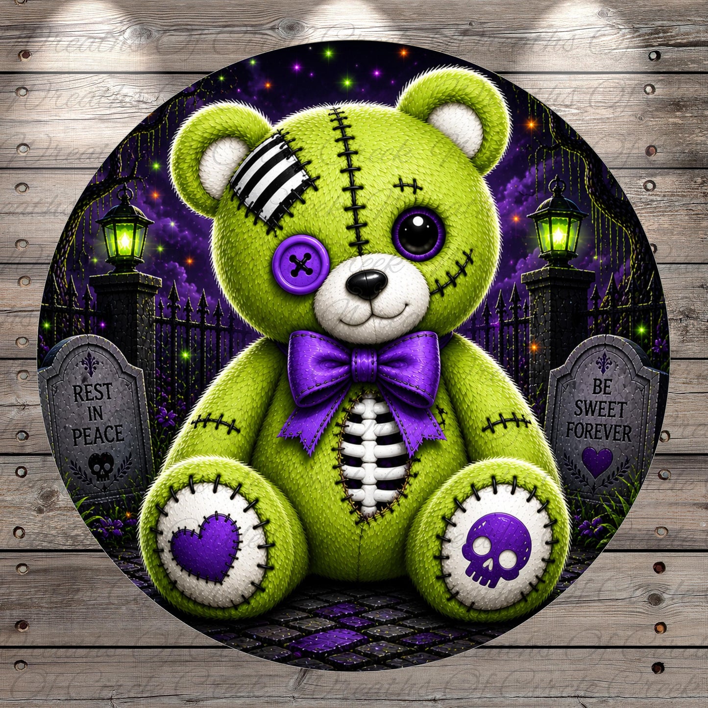 A green teddy bear with purple accents and a skull design sits in a dark, spooky graveyard scene.