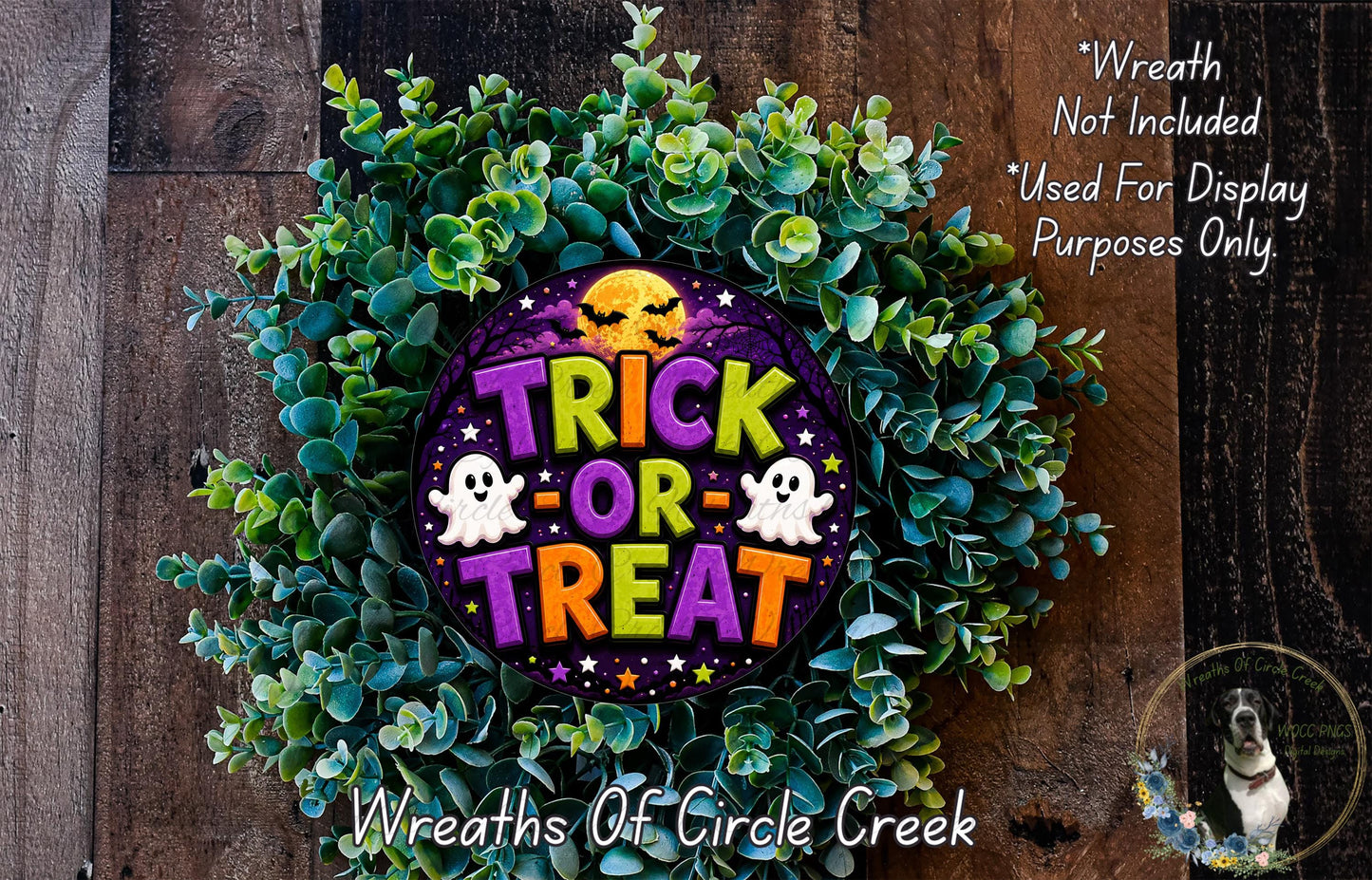 a Halloween-themed wreath made of green foliage and a purple circle with the text "TRICK OR TREAT" in a spooky font.