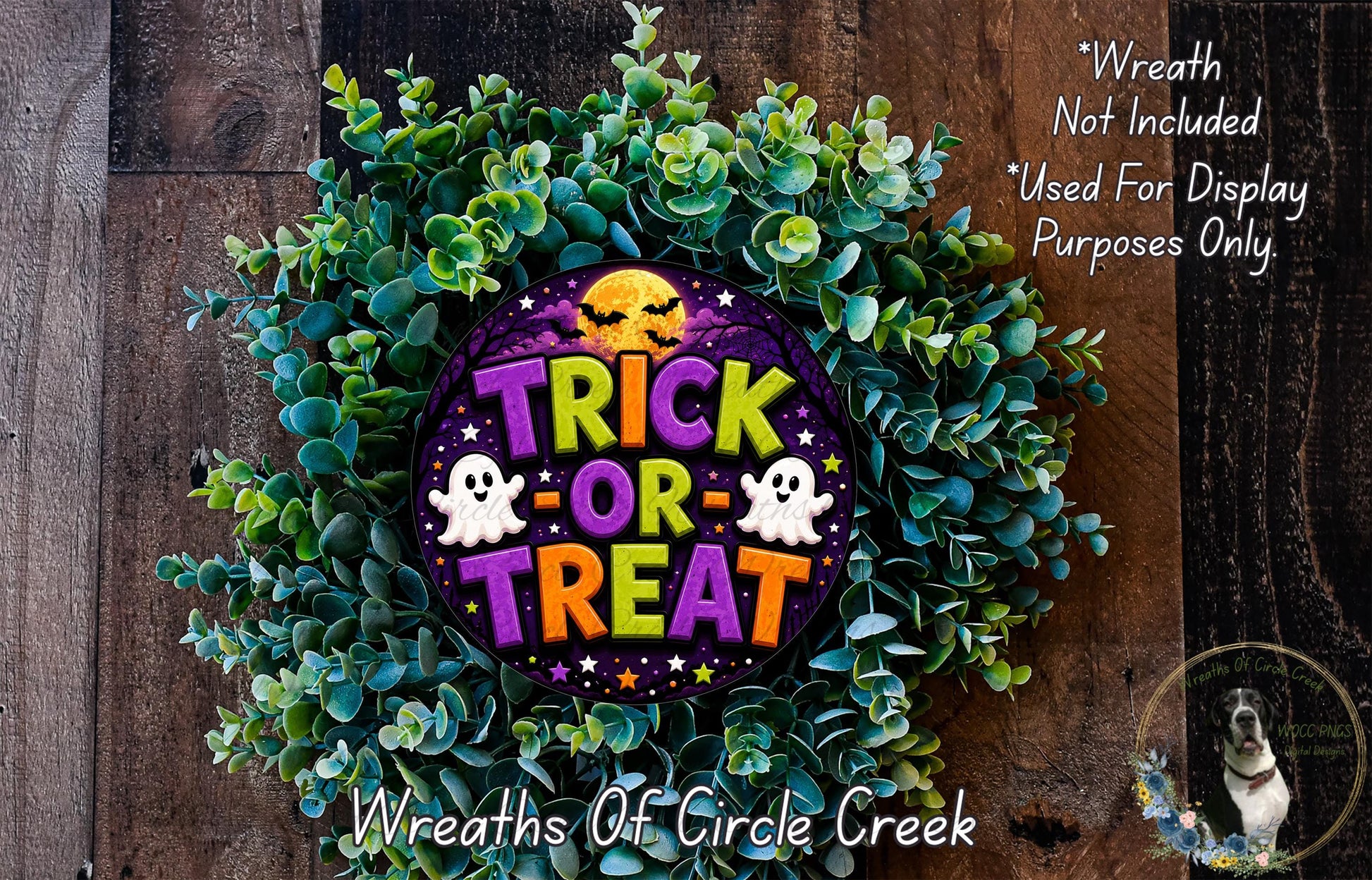 a Halloween-themed wreath made of green foliage and a purple circle with the text "TRICK OR TREAT" in a spooky font.