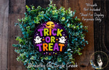 a Halloween-themed wreath made of green foliage and a purple circle with the text "TRICK OR TREAT" in a spooky font.