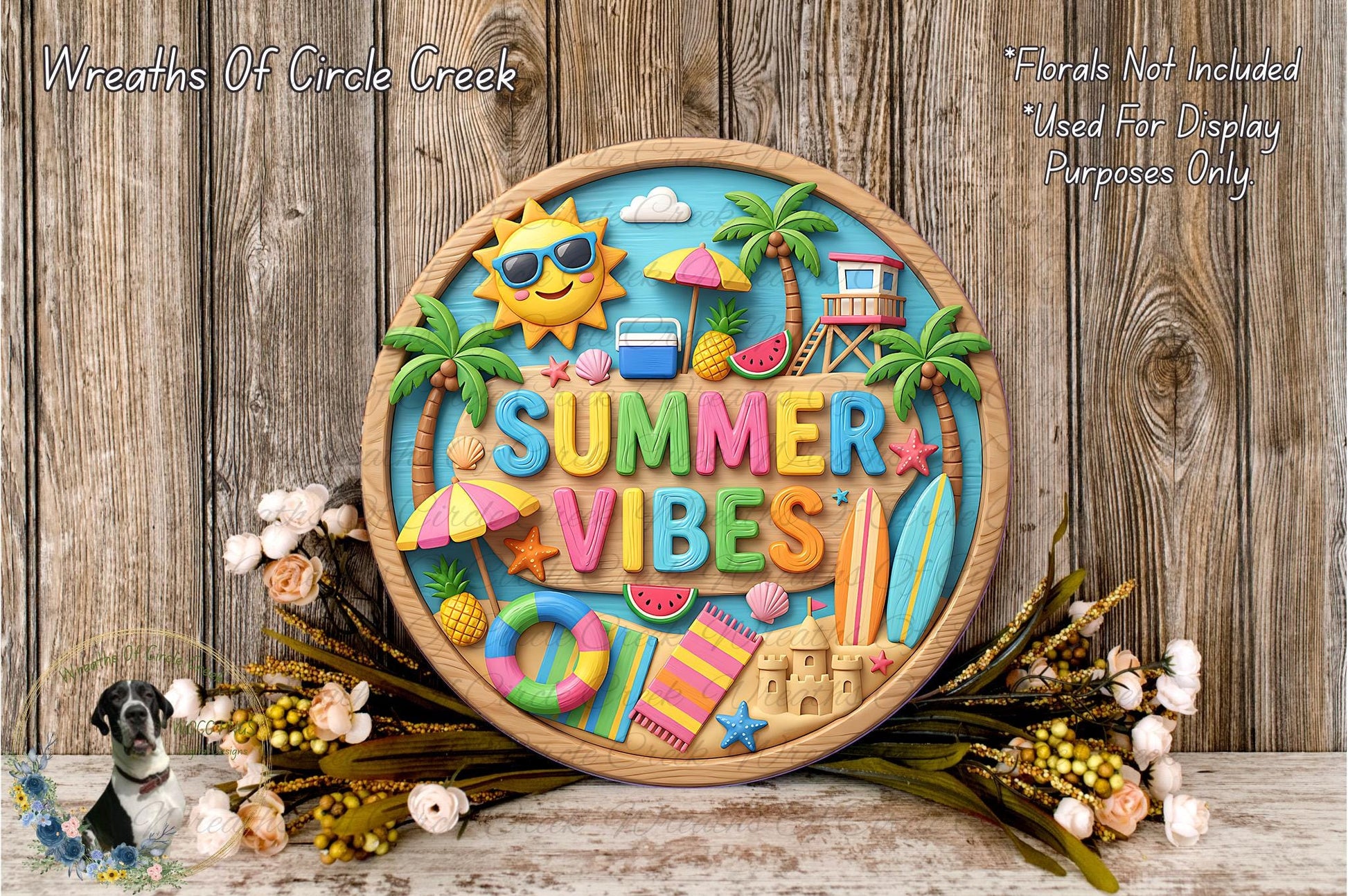 A colorful and vibrant wreath with the text "Summer Vibes" displayed prominently, surrounded by various summer-themed objects such as a sun, palm trees, a beach, and a surfboard.