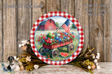 a round, red wagon filled with flowers and fruits, surrounded by a wreath of flowers and a wooden fence.