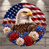 A patriotic image featuring a bald eagle surrounded by flowers and the American flag.