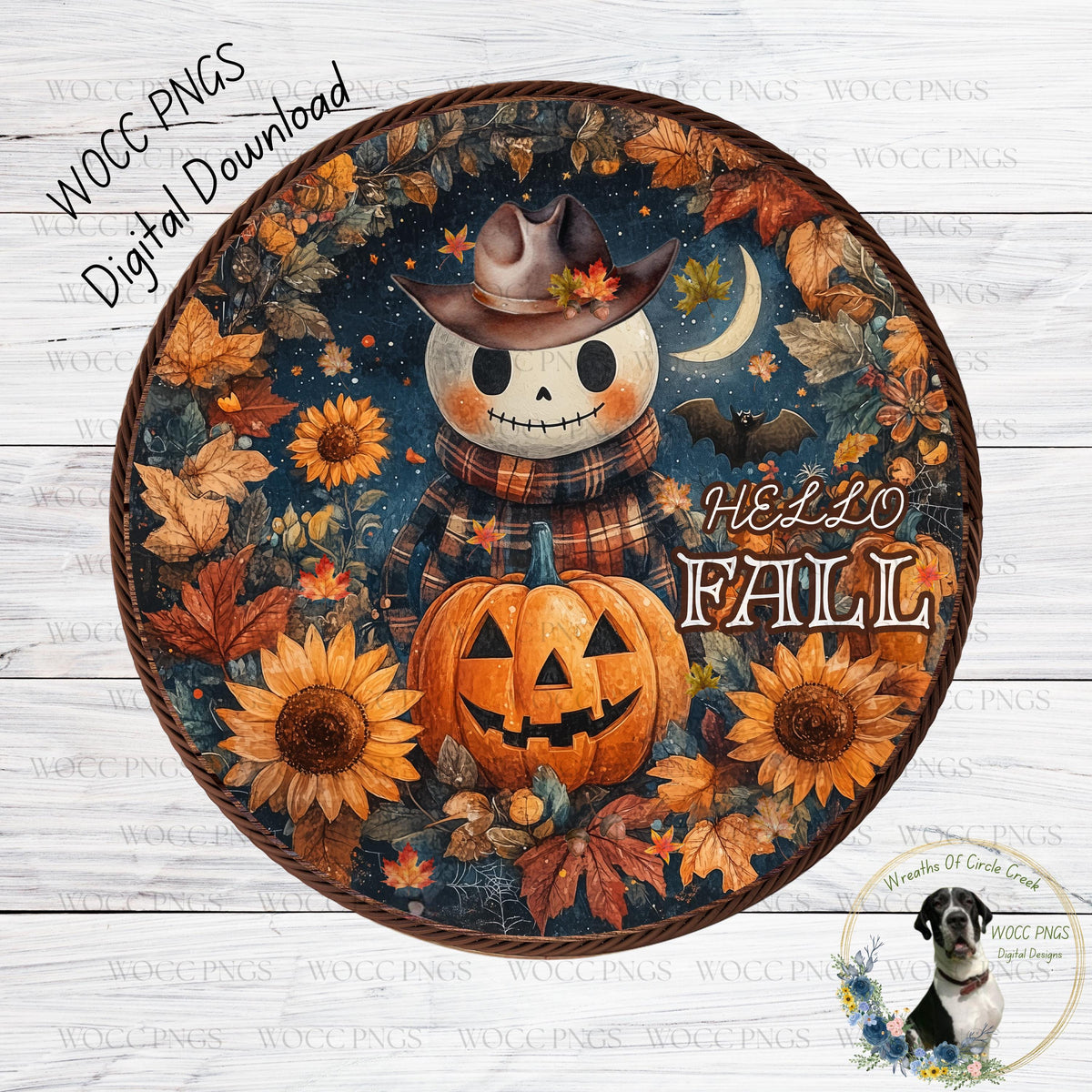 A Halloween-themed wreath with a skeleton wearing a cowboy hat, a jack-o-lantern, and autumn leaves surrounding it. The wreath also features the text "HELLO FALL" and a dog in the bottom right corner.