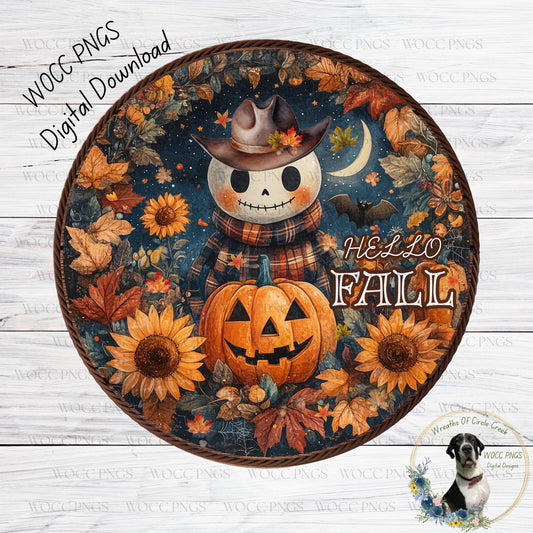 A Halloween-themed wreath with a skeleton wearing a cowboy hat, a jack-o-lantern, and autumn leaves surrounding it. The wreath also features the text "HELLO FALL" and a dog in the bottom right corner.