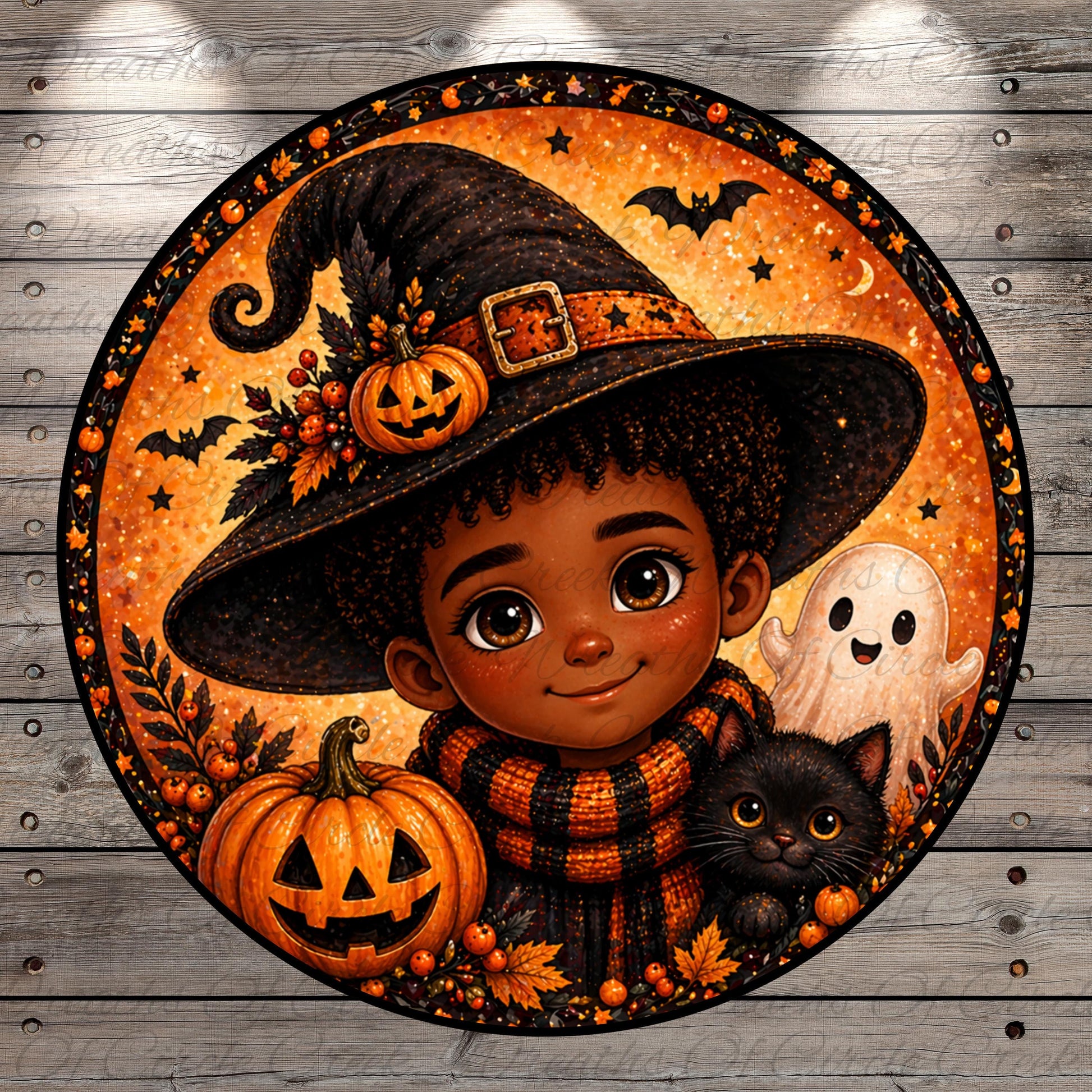 A young child wearing a witch's hat and scarf is surrounded by Halloween-themed elements, including a pumpkin, ghost, and cat.