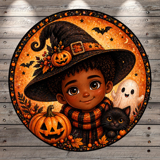 A young child wearing a witch's hat and scarf is surrounded by Halloween-themed elements, including a pumpkin, ghost, and cat.