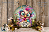 A colorful and whimsical illustration of a bird with large, expressive eyes and a vibrant, multicolored plumage, surrounded by flowers and a sign that reads "PINK POULTRY CLUB".