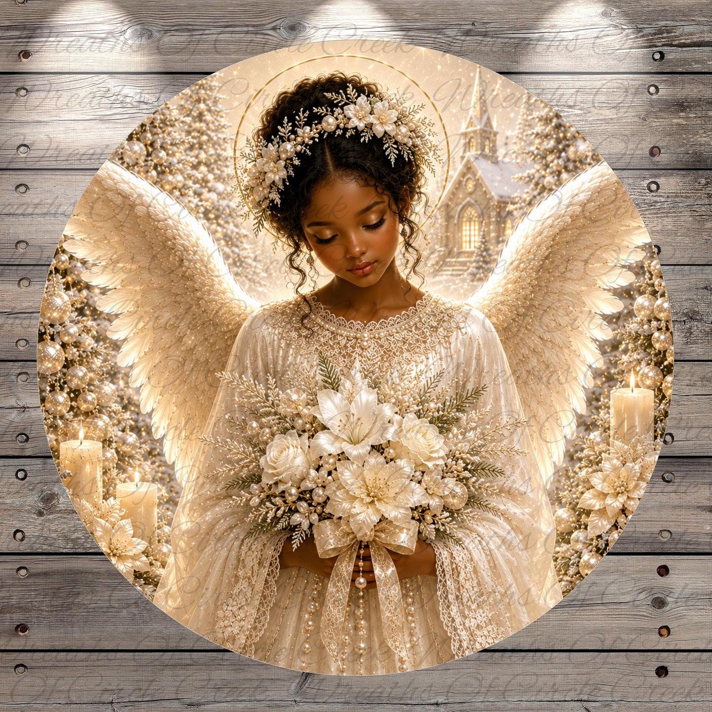 A woman with long hair and a flower crown stands in a snowy landscape, holding a bouquet of white flowers.
