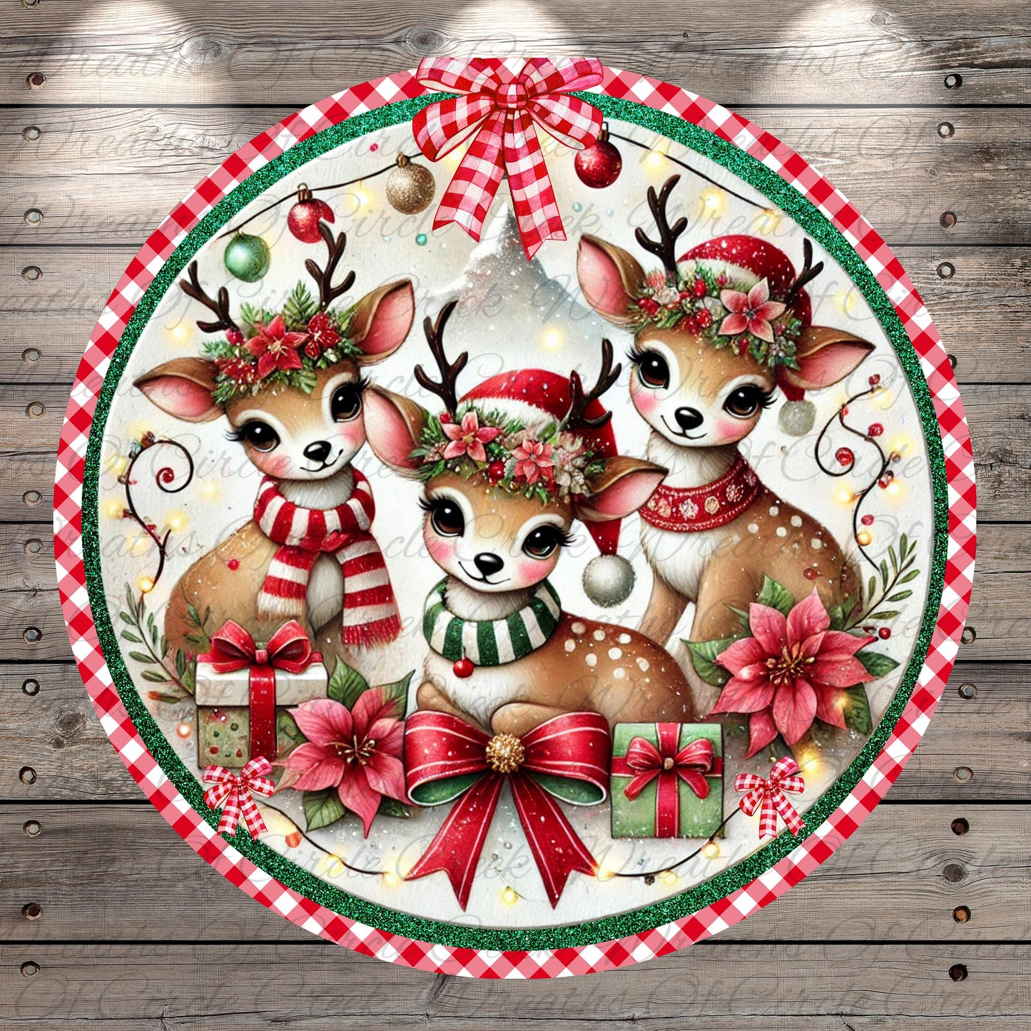 A festive Christmas-themed illustration featuring three adorable deer wearing Santa hats and scarves, surrounded by holiday decorations such as poinsettias, presents, and a bow.