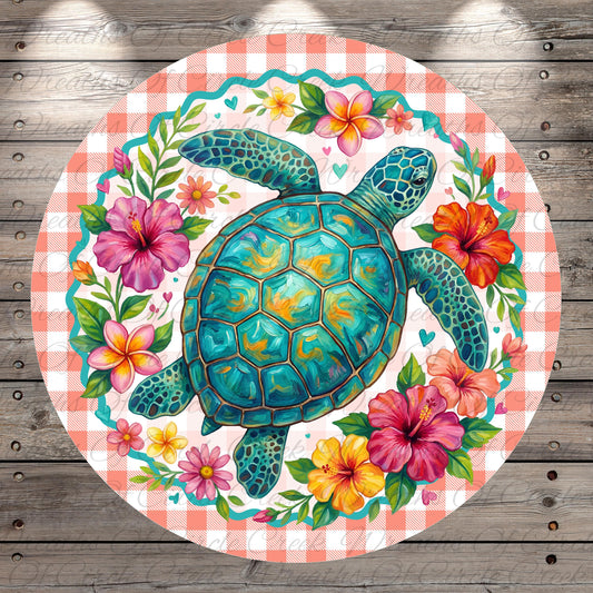 A vibrant and colorful illustration of a sea turtle surrounded by tropical flowers, including hibiscus blooms, against a wooden background.