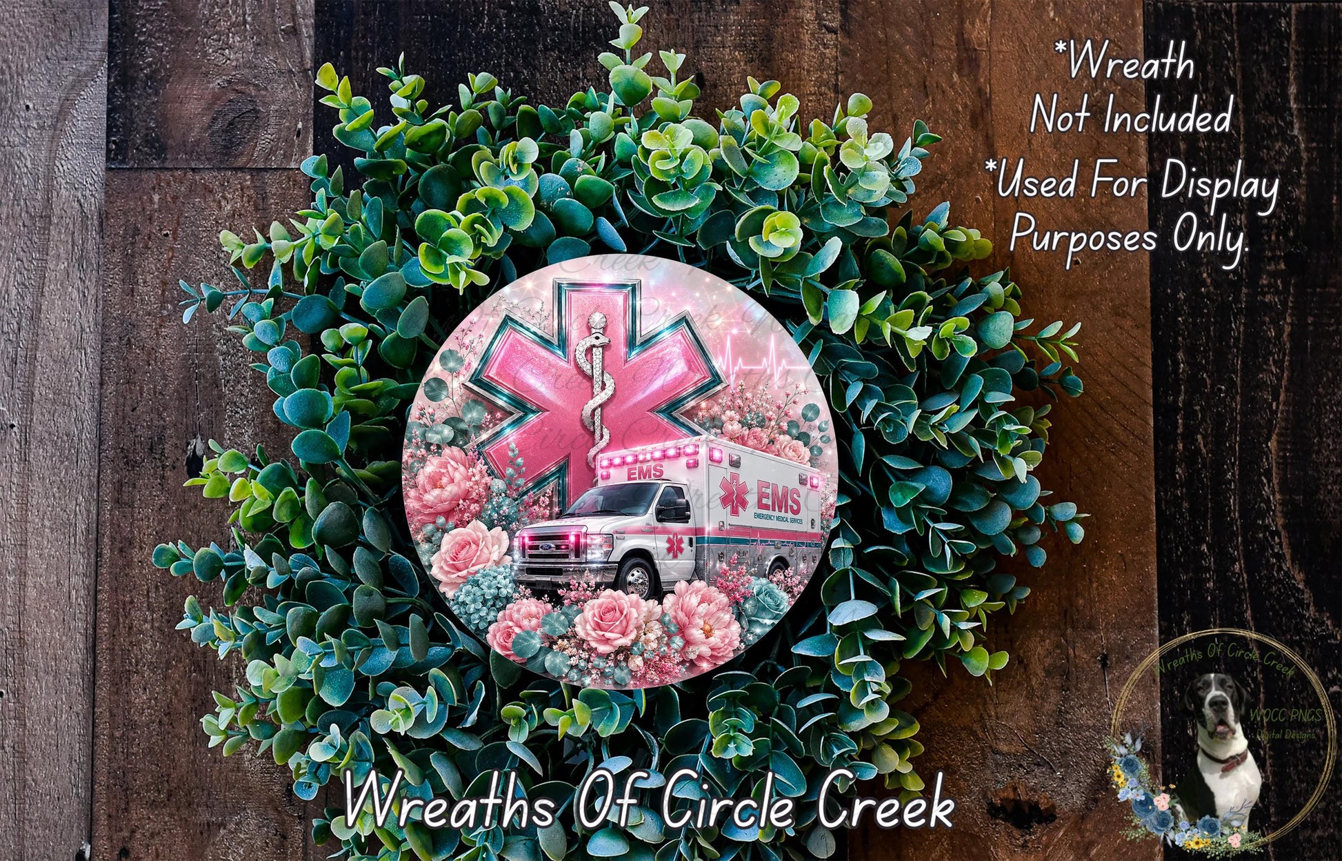 A wreath made of green leaves and flowers, with a white ambulance and a red cross symbol in the center.